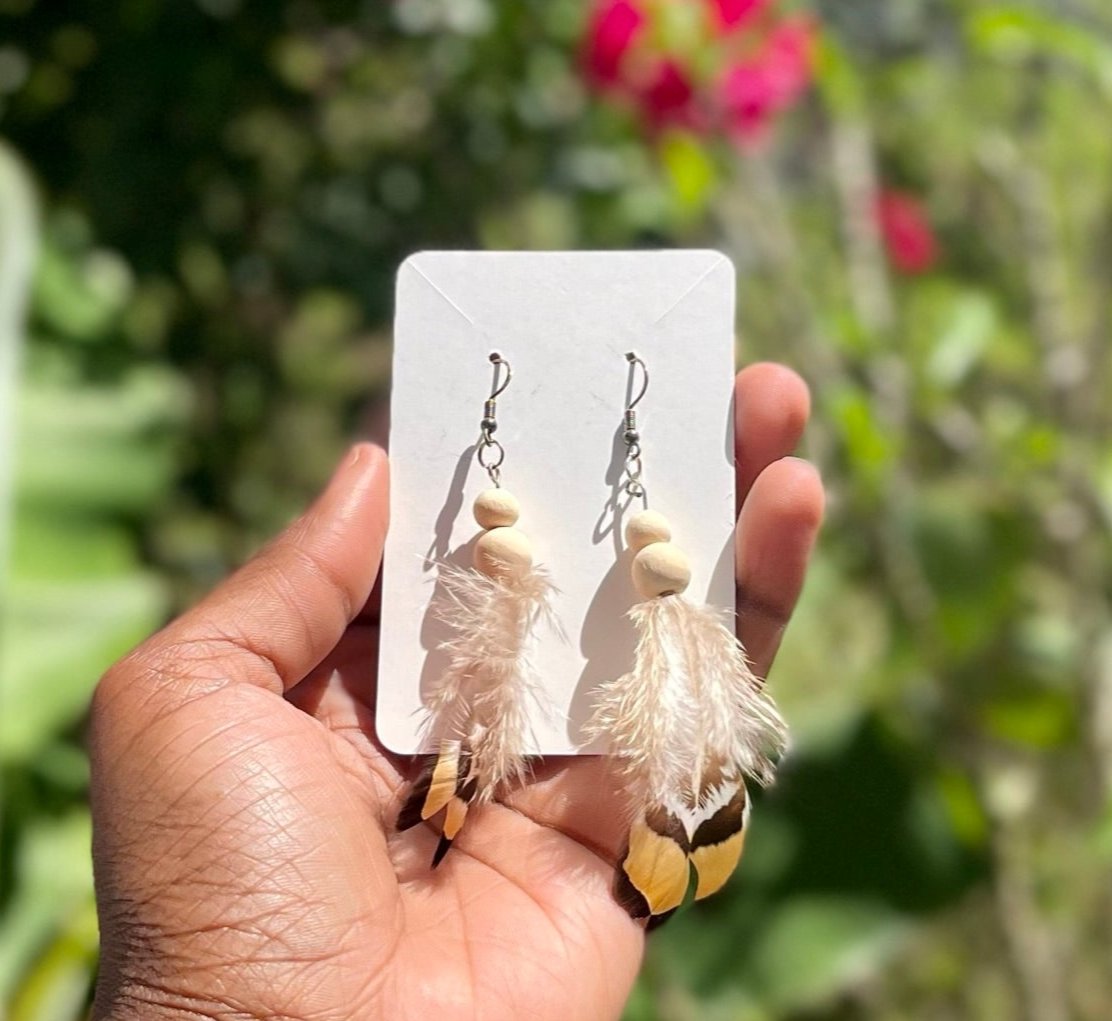 Natural Feather with Wooden Bead Dangle Earrings